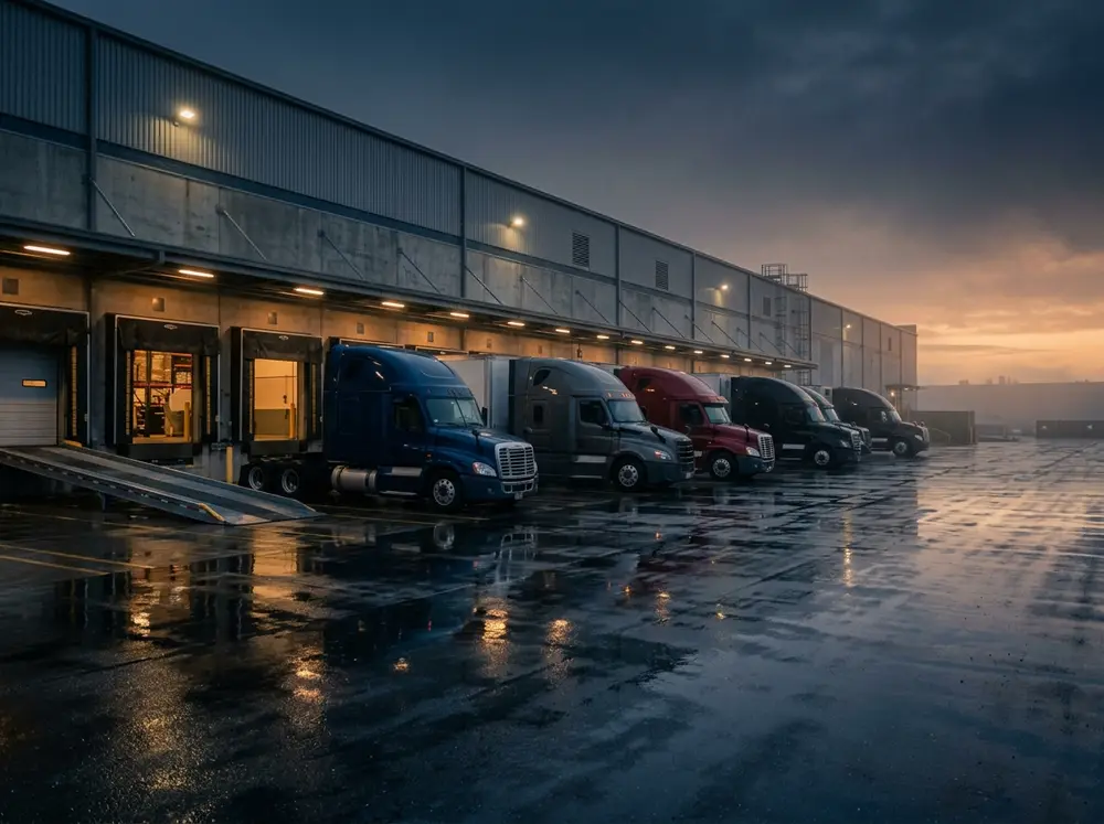 Camioane la rampele unui depozit logistic, în zori